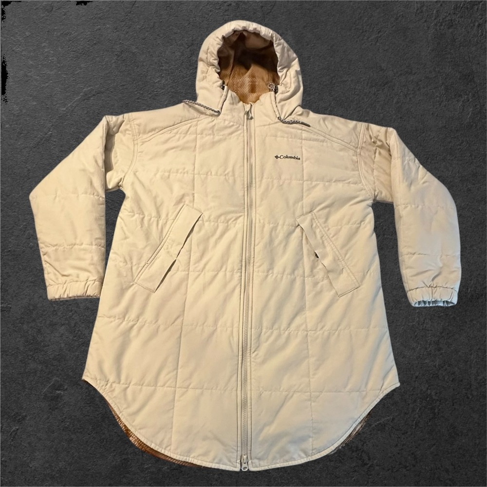 Columbia Parka Jacket Womens XL Cream Quilted Fleece Lined Longline